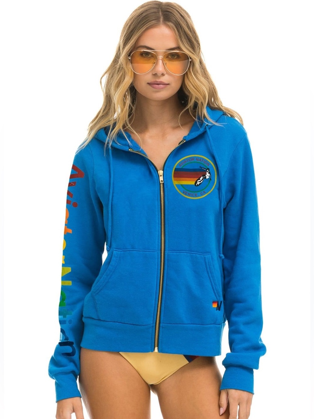 Aviator Nation Venice CA Rainbow Zip Hoodie Blue Surf Graphic Sleeve Size XS
